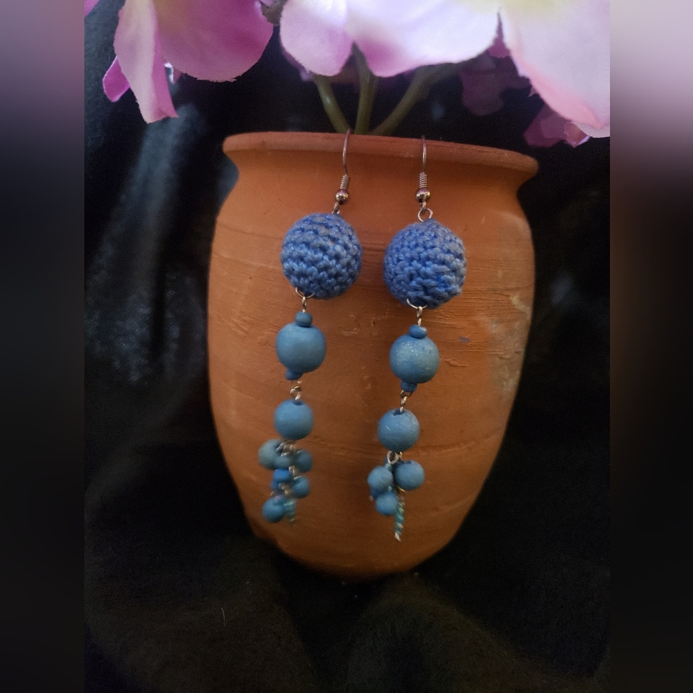 New! Super Cute Handmade Boho Cornflower Blue Crochet & Wood Bead Earrings